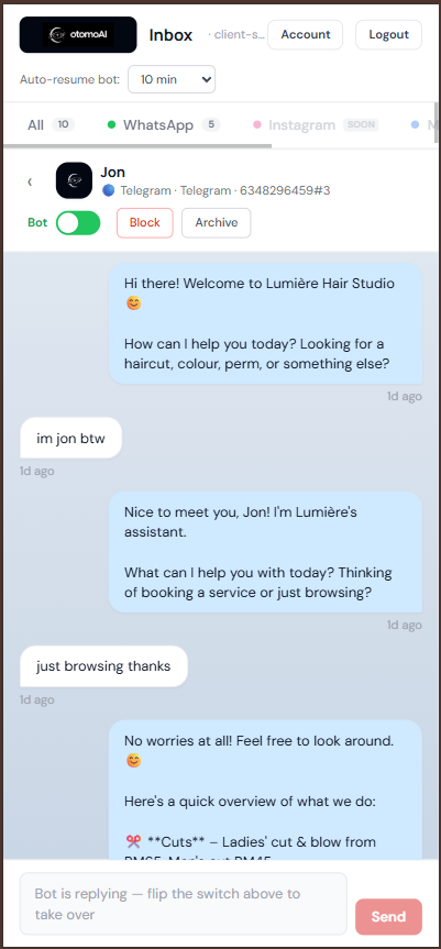 OtomoAI inbox on mobile with one-tap bot takeover